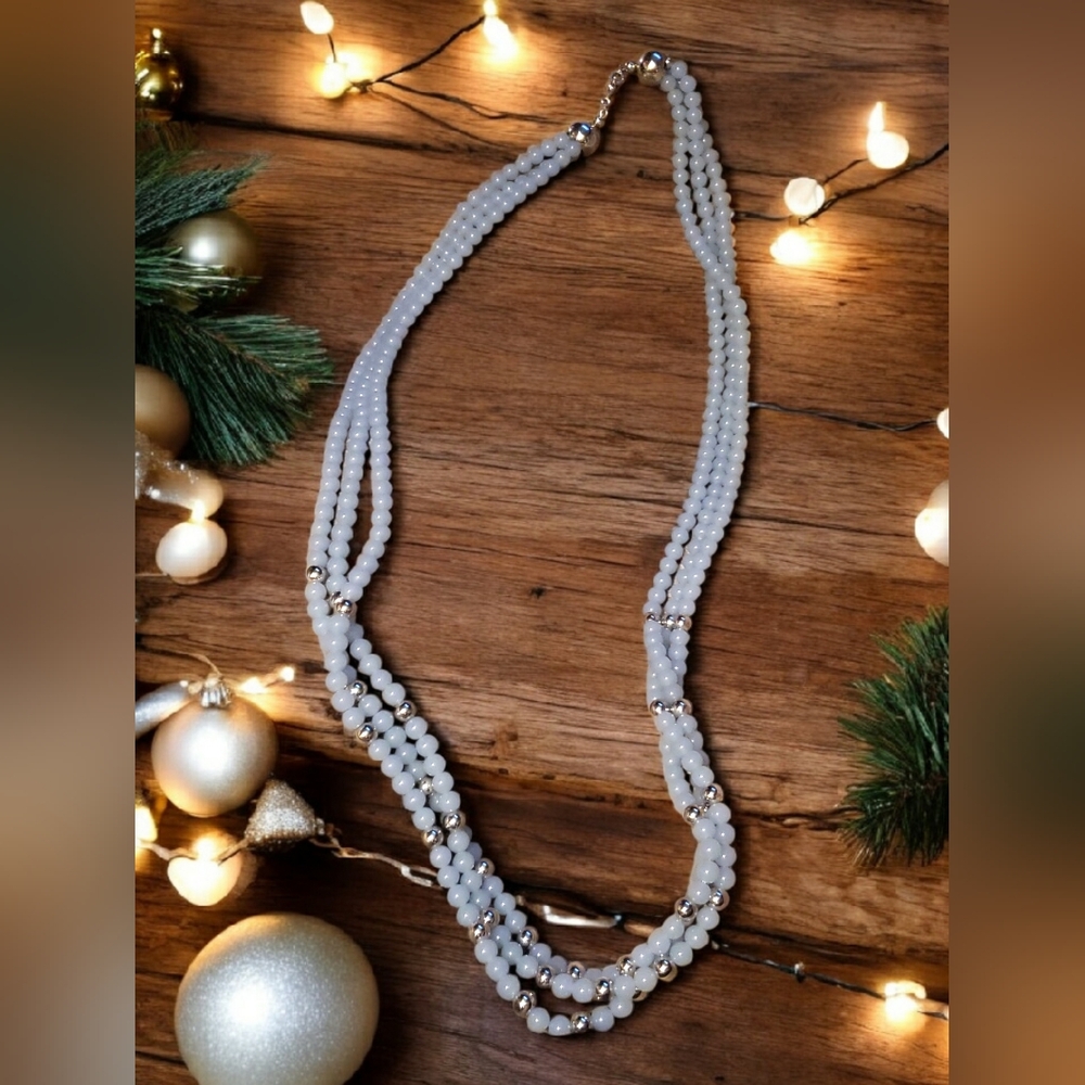 Vintage Ice Blue Beaded Necklace With Silver Accents - Triple Stranded
